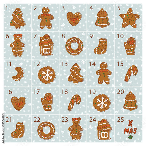 Christmas advent calendar. Hand Drawn Doodle Gingerbread. Xmas Cookies. Merry Christmas Vector Holiday card template