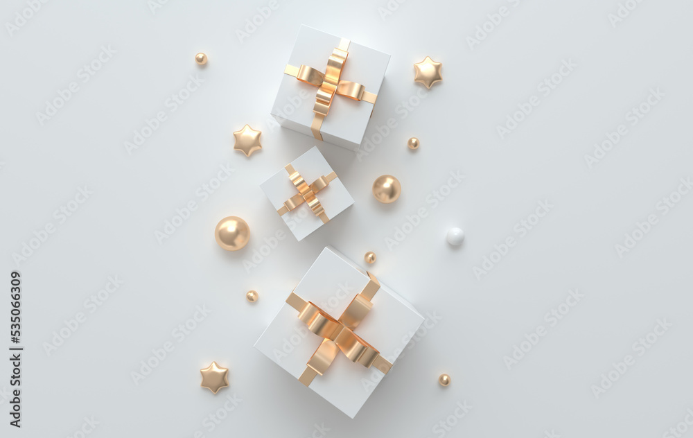 Merry Christmas and Happy New Year 3d render illustration card with white, golden xmas balls, stars, gift box, ornaments