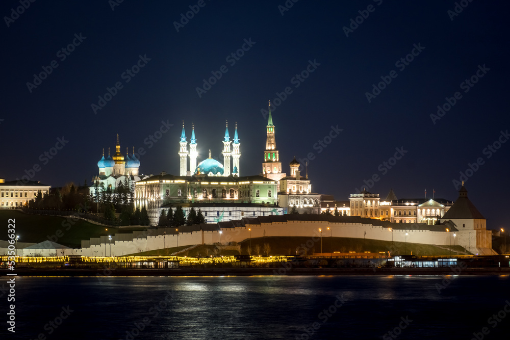 Panorama night city Kazan kremlin and Kul Sharif mosque Russia