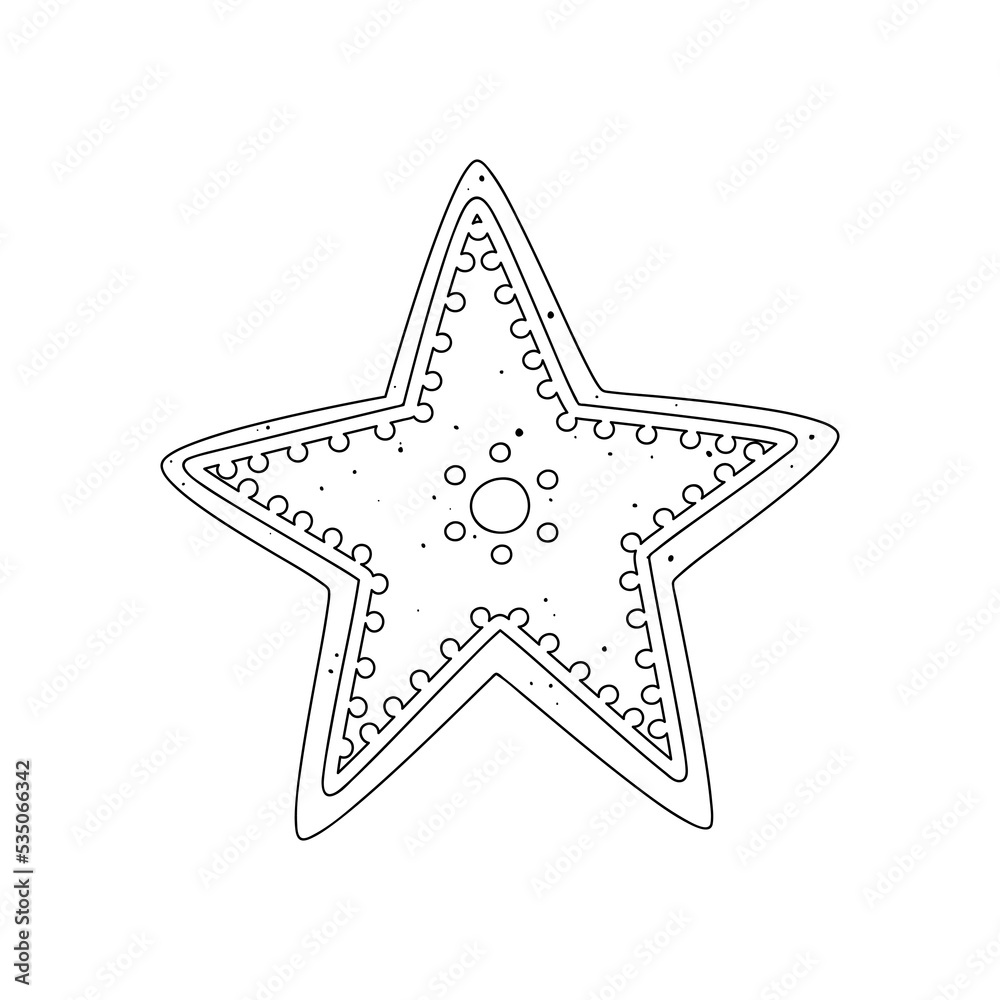 A flat vector cartoon illustration of a Christmas cookie with a gingerbread star in the style of a doodle. Isolated sketch on a white background. A flat vector cartoon illustration of a Christmas cookie with a gingerbread star in the style of a doodle. Isolated sketch on a white background.
