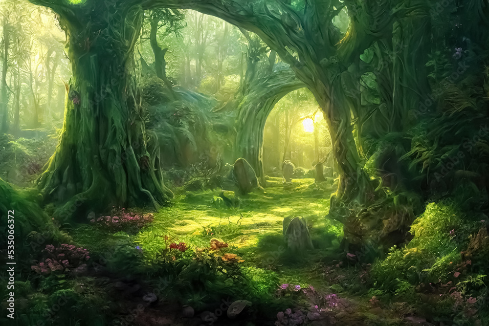 Obraz premium Magic teleport portal in mystic fairy tale forest. Gate to parallel fantasy world. 3D illustration.