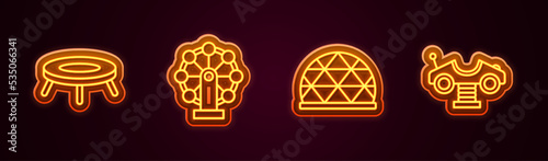Set line Jumping trampoline, Ferris wheel, Playground climbing equipment and Swing car. Glowing neon icon. Vector