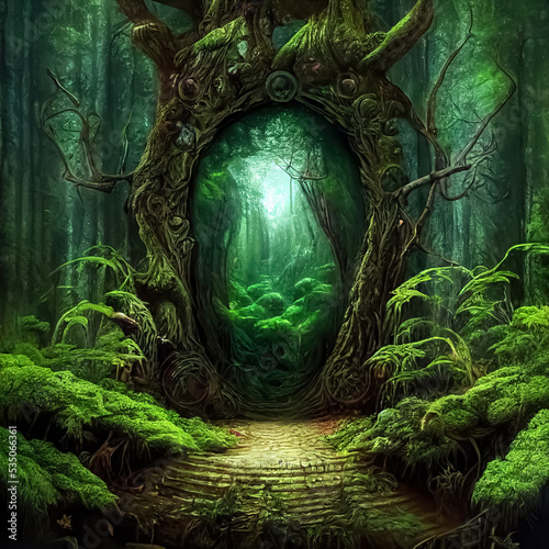 Magic teleport portal in mystic fairy tale forest. Gate to parallel fantasy world. 3D illustration.