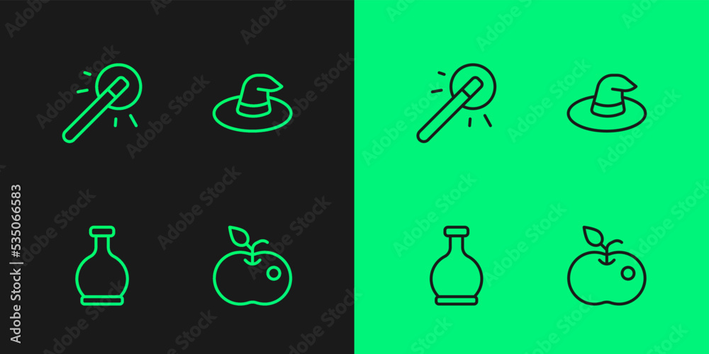 Set line Poison apple, Bottle with potion, Magic wand and Witch hat icon. Vector Set line Poison apple, Bottle with potion, Magic wand and Witch hat icon. Vector