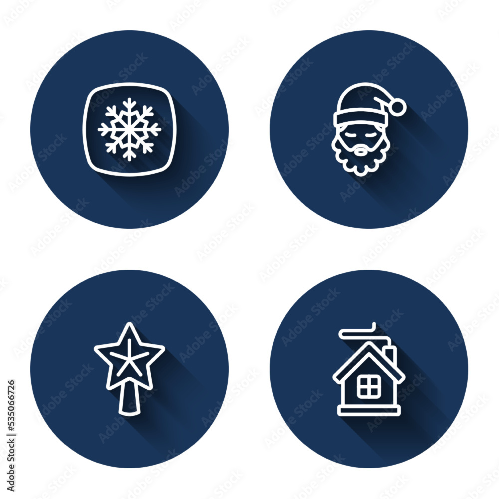 Set line Snowflake, Santa Claus hat and beard, Christmas star and Merry house with long shadow. Blue circle button. Vector