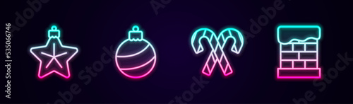 Set line Christmas star, ball, Candy cane with stripes and chimney. Glowing neon icon. Vector