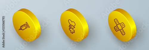 Set Isometric line Syringe, Ethnoscience and Crossed bandage plaster icon. Vector