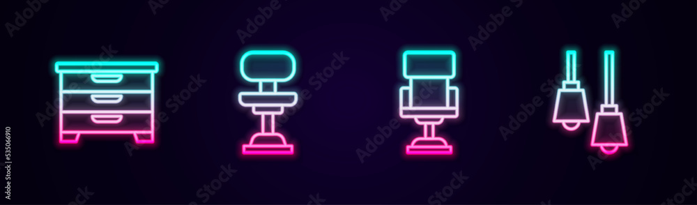 Fototapeta premium Set line Chest of drawers, Office chair, and Lamp hanging. Glowing neon icon. Vector