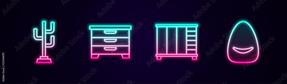 Set line Coat stand, Chest of drawers, Wardrobe and Pouf. Glowing neon icon. Vector Set line Coat stand, Chest of drawers, Wardrobe and Pouf. Glowing neon icon. Vector