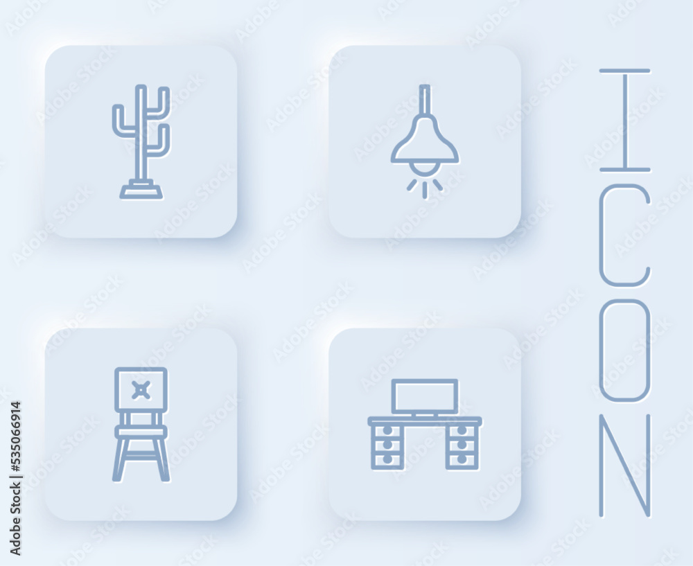 Set line Coat stand, Lamp hanging, Chair and Office desk. White square button. Vector Set line Coat stand, Lamp hanging, Chair and Office desk. White square button. Vector