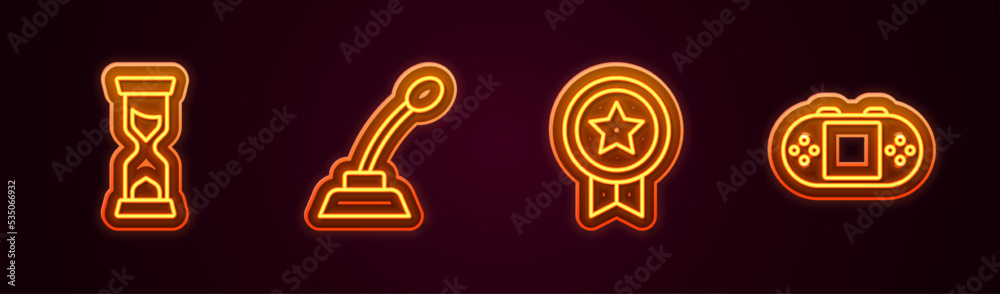 Set line Old hourglass, Microphone, Game rating with medal and Portable video game console. Glowing neon icon. Vector Set line Old hourglass, Microphone, Game rating with medal and Portable video game console. Glowing neon icon. Vector