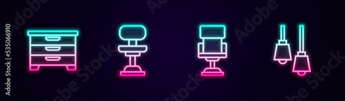 Set line Chest of drawers, Office chair, and Lamp hanging. Glowing neon icon. Vector