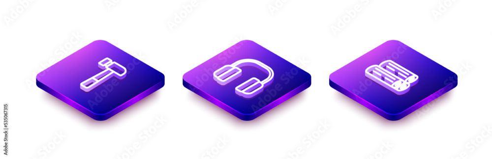 Set Isometric line Hammer, Headphones and Wooden log icon. Vector Set Isometric line Hammer, Headphones and Wooden log icon. Vector