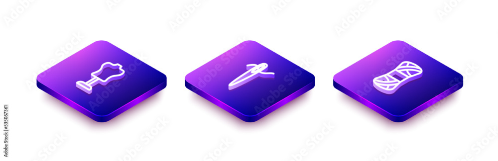 Set Isometric line Mannequin, Needle for sewing with thread and Yarn icon. Vector Set Isometric line Mannequin, Needle for sewing with thread and Yarn icon. Vector