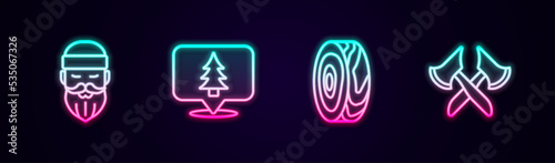 Set line Lumberjack, Location of the forest, Tree rings and Wooden axe. Glowing neon icon. Vector
