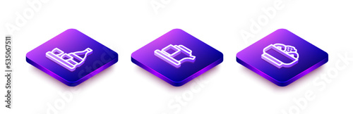 Set Isometric line Bottle of sake, Traditional tea ceremony and Chow mein plate icon. Vector