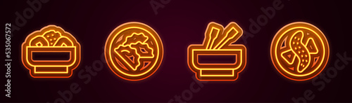 Set line Chow mein on plate, Dumpling, Asian noodles bowl and Served cucumber. Glowing neon icon. Vector