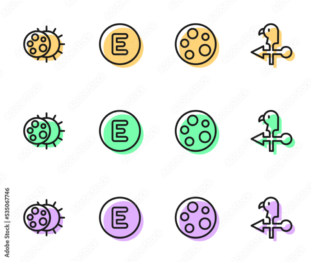 Set line Moon, Eclipse of the sun, Compass west and Rooster weather vane icon. Vector Set line Moon, Eclipse of the sun, Compass west and Rooster weather vane icon. Vector