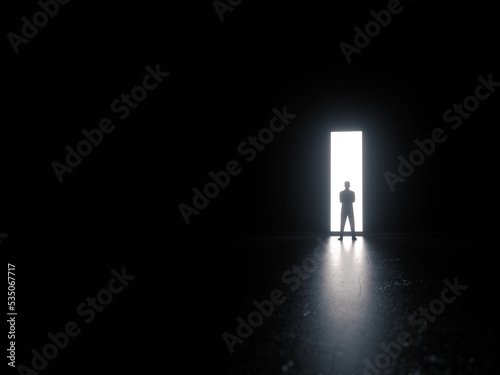 i letter door rectangle businessman man silhouette in front of light character on black background 3d render illustration isolated © stocker