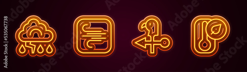 Set line Cloud and lightning, Wind, Rooster weather vane and Thermometer. Glowing neon icon. Vector