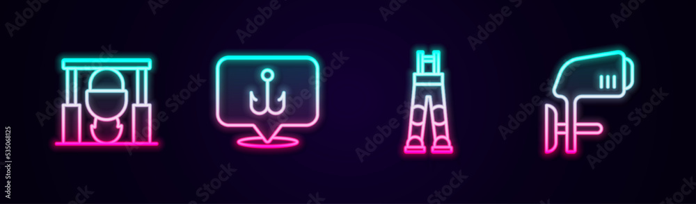 Set line Campfire and pot, Fishing hook, Fisherman pants and Outboard boat motor. Glowing neon icon. Vector Set line Campfire and pot, Fishing hook, Fisherman pants and Outboard boat motor. Glowing neon icon. Vector
