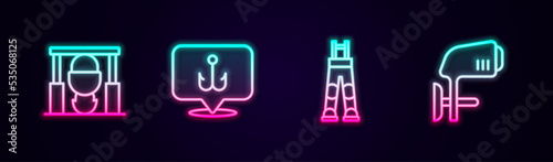 Set line Campfire and pot, Fishing hook, Fisherman pants and Outboard boat motor. Glowing neon icon. Vector