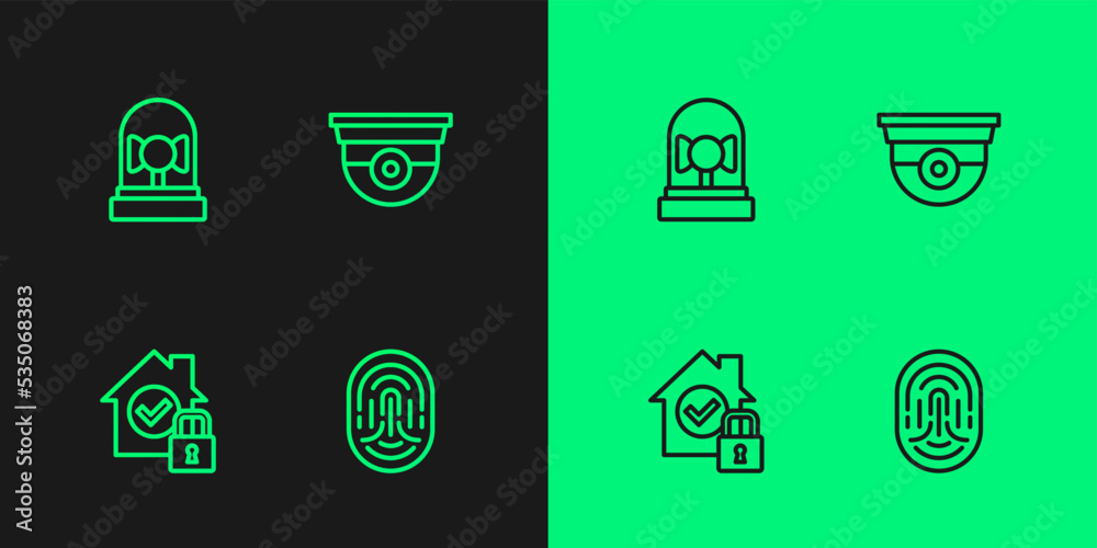 Set line Fingerprint, House under protection, Ringing alarm bell and Security camera icon. Vector Set line Fingerprint, House under protection, Ringing alarm bell and Security camera icon. Vector