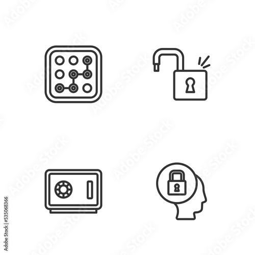 Set line Lock, Safe, Graphic password protection and Open padlock icon. Vector © Iryna