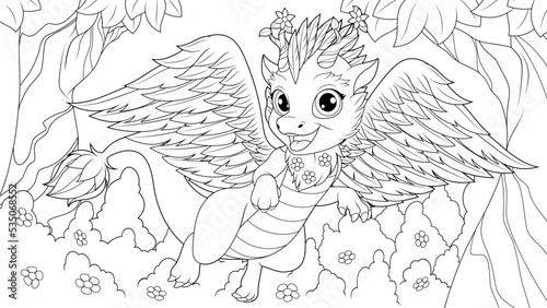 Vector illustration, fabulous funny cute little dragon flying in a fairy forest