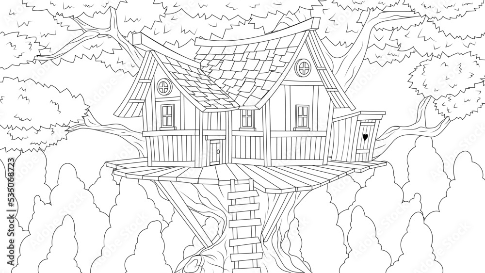 Vector illustration, old house on a tall tree