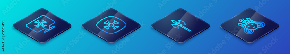 Set Isometric line Medieval axe, Crusade, Princess or queen and icon. Vector
