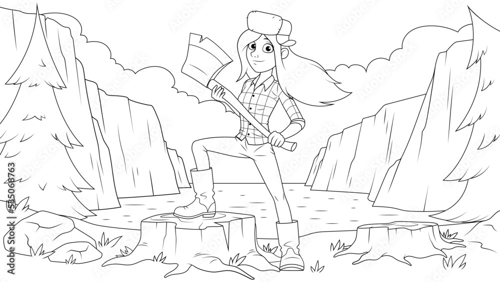 Naklejka premium Vector illustration, a girl lumberjack cuts trees near the lake