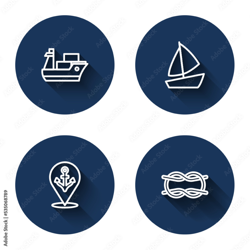 Set line Cargo ship, Yacht sailboat, Location with anchor and Nautical rope knots with long shadow. Blue circle button. Vector Set line Cargo ship, Yacht sailboat, Location with anchor and Nautical rope knots with long shadow. Blue circle button. Vector