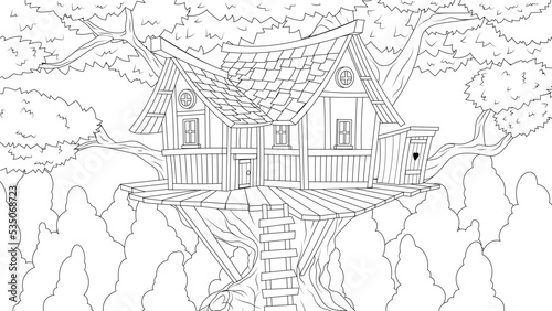 Vector illustration, old house on a tall tree