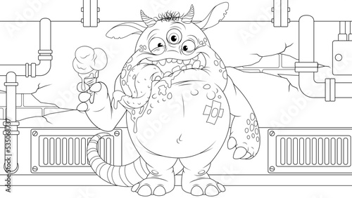 Vector illustration, funny cartoon monster eating ice cream in the basement of the house