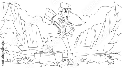 Vector illustration, a girl lumberjack cuts trees near the lake