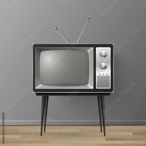 Vector 3d Realistic Retro TV Receiver on a Wooden Table Stand. Home Interior Design Concept. Vintage TV Set on the Wooden Floor. Television, Front View