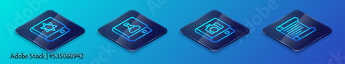 Set Isometric line Photo album gallery, Jewish torah book, Decree, parchment, scroll and Chemistry icon. Vector
