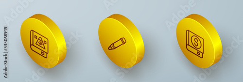 Set Isometric line Ancient magic book, Pencil with eraser and Financial icon. Vector