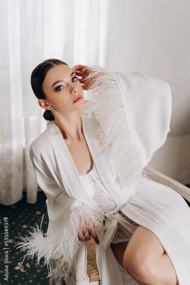 Morning of bride before the wedding. Beautiful young woman with long veil in a white robe and a negligee at the window. Natural beauty and professional make-up. Morning of bride before the wedding. Beautiful young woman with long veil in a white robe and a negligee at the window. Natural beauty and professional make-up.