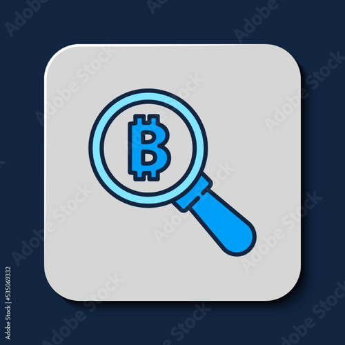 Filled outline Magnifying glass with Bitcoin icon isolated on blue background. Physical bit coin. Blockchain based secure crypto currency. Vector