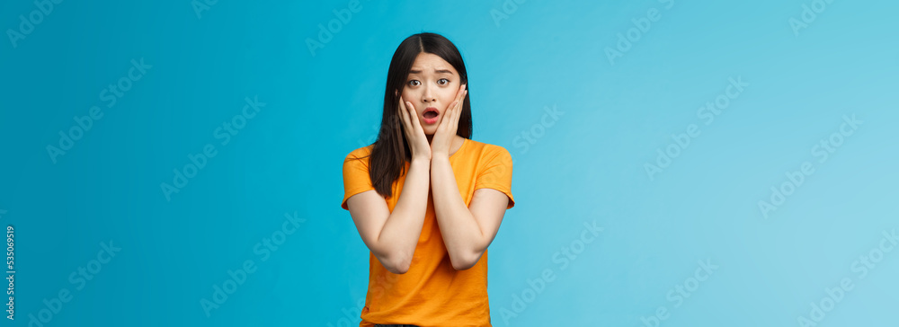 Shocked concerned young asian girl look empathy camera, gasping open ...