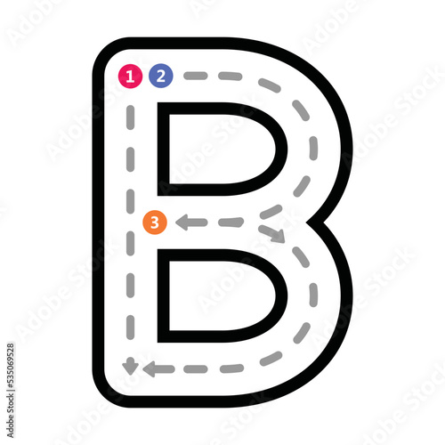 Tracing Alphabet uppercase capital letter B prewriting dotted line element for kindergarten, preschool and Montessori school kids worksheet for handwriting practice activity.