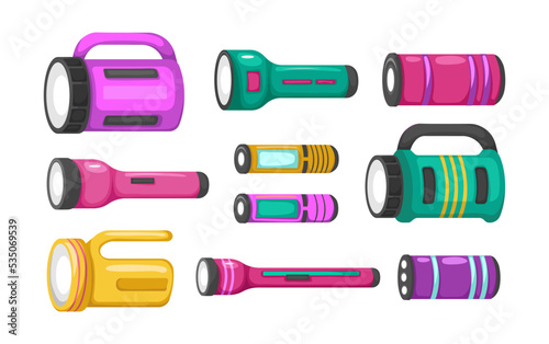 Set of colorful flashlights in cartoon style. Vector illustration of hand lanterns large and small sizes on white background.