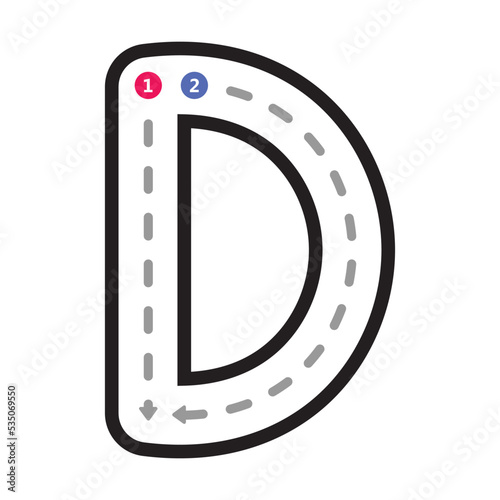 Tracing Alphabet uppercase capital letter D prewriting dotted line element for kindergarten, preschool and Montessori school kids worksheet for handwriting practice activity.