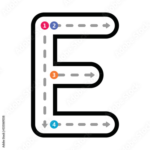 Tracing Alphabet uppercase capital letter E prewriting dotted line element for kindergarten, preschool and Montessori school kids worksheet for handwriting practice activity.