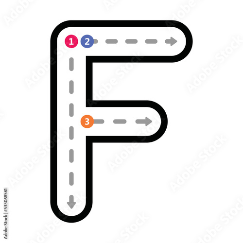 Tracing Alphabet uppercase capital letter F prewriting dotted line element for kindergarten, preschool and Montessori school kids worksheet for handwriting practice activity.