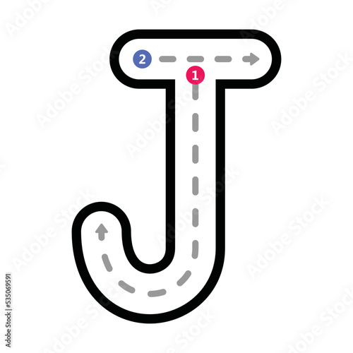Tracing Alphabet uppercase capital letter J prewriting dotted line element for kindergarten, preschool and Montessori school kids worksheet for handwriting practice activity.