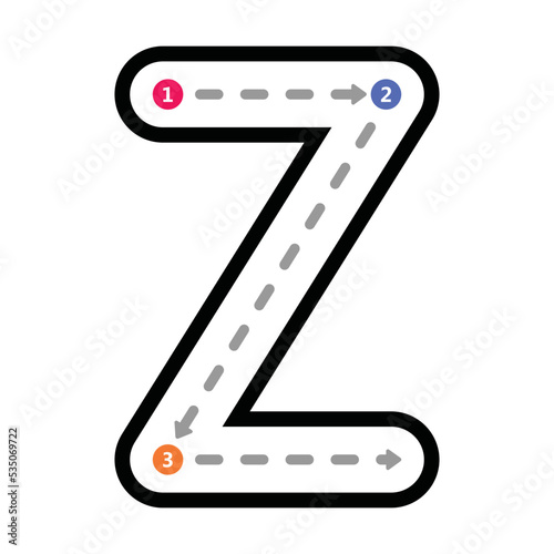Tracing Alphabet uppercase capital letter Z prewriting dotted line element for kindergarten, preschool and Montessori school kids worksheet for handwriting practice activity.