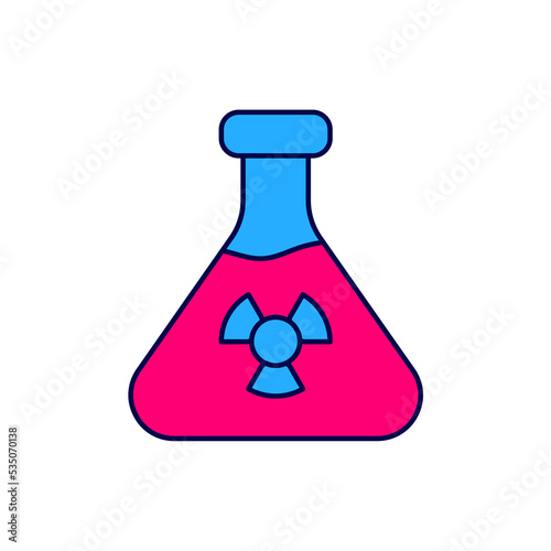 Filled outline Laboratory chemical beaker with toxic liquid icon isolated on white background. Biohazard symbol. Dangerous symbol with radiation icon. Vector